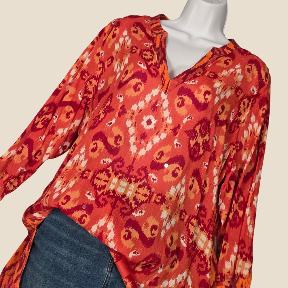 Soft Surroundings Womens XL Tunic Top Ikat Print‎ Sequin 3/4 Sleeve Orange India